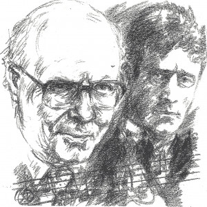 Johan Kvandal and Knut Hamsun. Drawing by Ulf Aas.