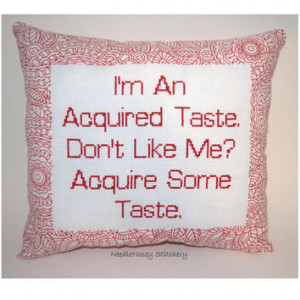 Funny Cross Stitch Pillow, Red Pillow, Acquired Taste Quote