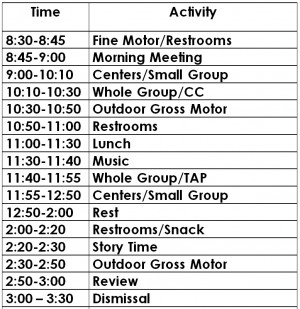 Pre K Daily Schedule