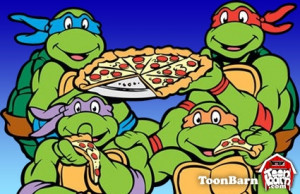 Four Ninja Turtles are sharing a single pizza, which means two slices ...
