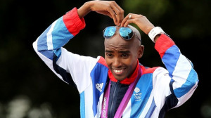 Great Britain's Mo Farah entertains the crowd as he takes part in the ...