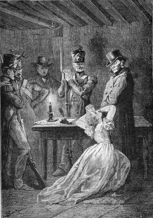 Fantine, at Javert's feet, as she appears in the novel
