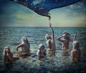 mermaids, ocean, stars