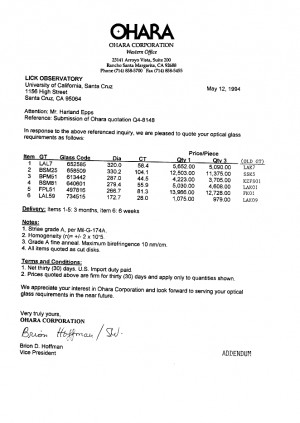 Addendum . Price Quotation for Optical Glass from Ohara Corporation ...