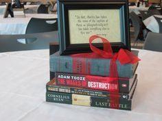 Cute idea for graduation party.. use books as centerpiece with quote ...