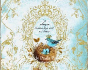 Blue bird in nest with eggs, greeting card, birds nest, crowned bird ...