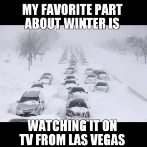 Snow in Las Vegas? Never! Image of cars stuck in the snow.