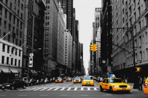black and white, new york, yellow taxies