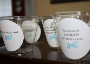 Cups with quotes from Breakfast at Tiffany's (a jewelry party theme)