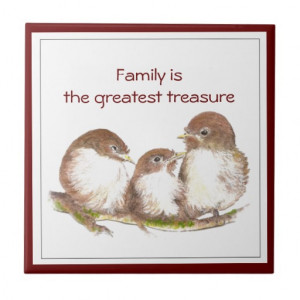 Cute Sparrow Family & Quote, Watercolor Animal Ceramic Tile