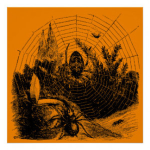 Vintage Halloween Orange Spider Web Illustration Print