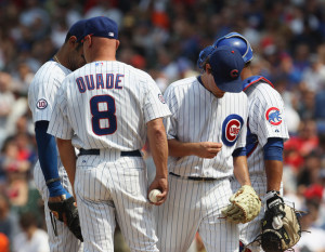 Mike Quade Manager Mike Quade 8 of the Chicago Cubs takes starting