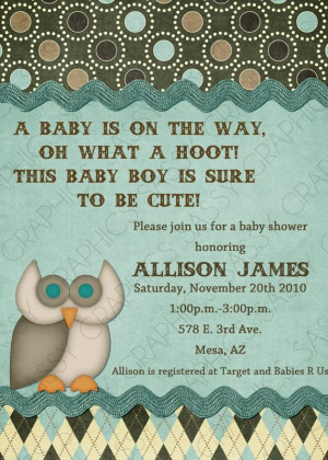 Boys Baby Shower Invitation Owl Theme Blue Brown by Sassygfx, $13.00