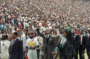 Feb. 13, 1990 file photo, Nelson Mandela and Winnie Mandela give black ...