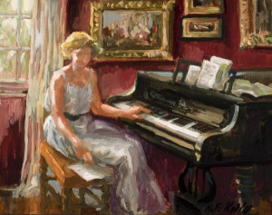 Woman in Red Room on Piano Painting by Mary Ferris Kelly