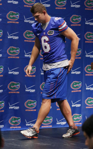... Jeff Driskel walks away from the podium during UF Football