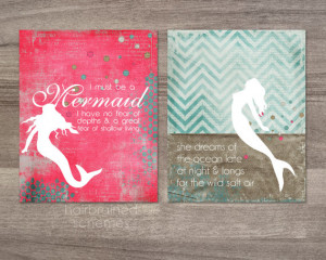 ... Pink Modern Mermaid Quote Must Be a Mermaid Posters Diptych Typography