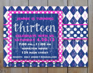 13th Birthday Invitation Digital Fi le, Hot Pink and Blue Argyle with ...