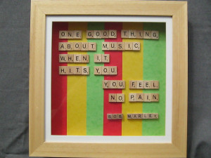 Scrabble tile art wooden box frame - Bob Marley music quote 14x14