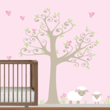 Nursery Tree Decal with Lambs,Birds-Vinyl Wall Decals Stickers