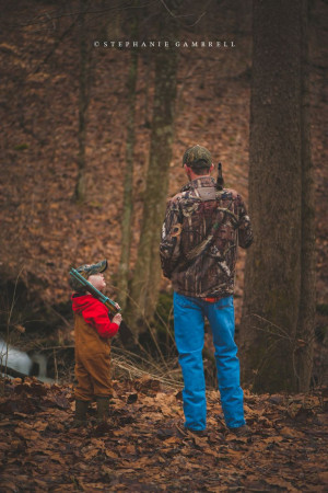 child, hunting, country, woods, bibs, father, son