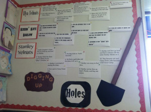 Holes by Louis Sachar bulletin board summarizing the three story lines