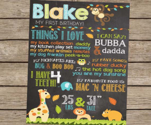 First Birthday Chalkboard Safari Zoo Animal Birthday Poster - PRINTED ...