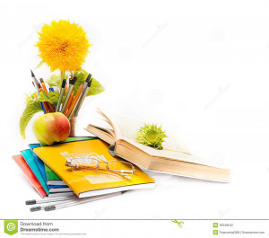 of school. Teacher Day (flower of sunflower in a vase with books ...