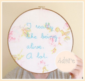 embroidered quotes on vintage fabric
