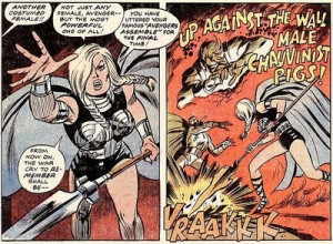 ... the wall, male chauvinist pigs! Art by John Buscema and Tom Palmer