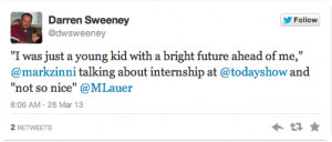 Matt Lauer tweets apology to former intern for being a douche.