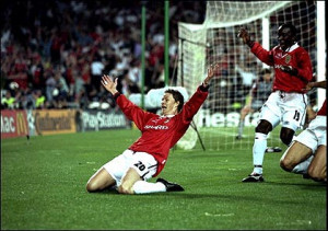 Solskjaer wheels away in delight followed by the on-rushing Dwight ...