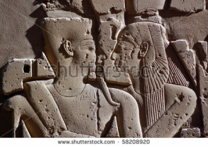 Pharaoh Ramses and Queen Nefertiti embracing each other. Carved in ...