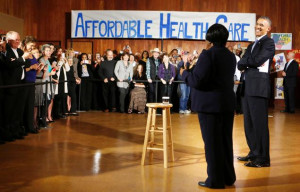 Obama smiles as he is introduced to speak about Affordable Health Care ...