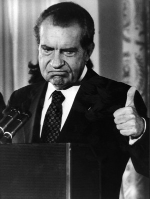 Republican president of the United States Richard Nixon thumbing up ...