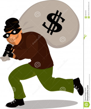 Thief in a mask carrying a money bag with a dollar sign, cartoon.
