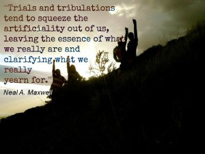 ... mountain at sunset, with a quote about trials from Neal Maxwell