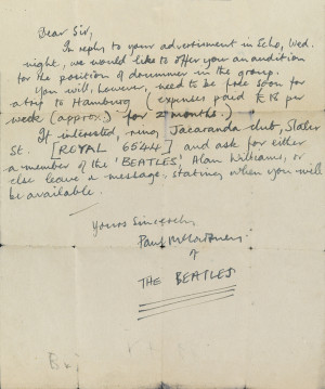 McCARTNEY LETTER LOOKING FOR DRUMMER FOR THE BEATLES AT CHRISTIE’S