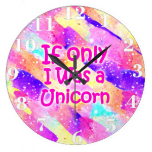 Funny girly unicorn typography pastel watercolor clock