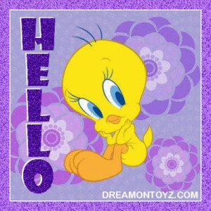 Glittering Hello and border with Tweety on a lavendar and purple ...