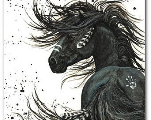 SALE - Majestic Horses - Black Stallion Spirit Native Feathers -Fine ...