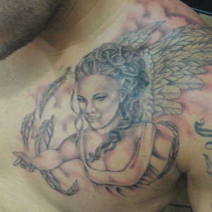 Dreadful Grey Ink Angel Tattoo On Left Back Shoulder picture