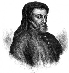 An engraving of Geoffrey Chaucer.