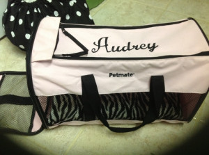 Embroidered doggie carrier for my Audrey!