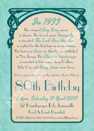 80th Birthday Party Invitations - Women's - Art Nouveau - Customized ...