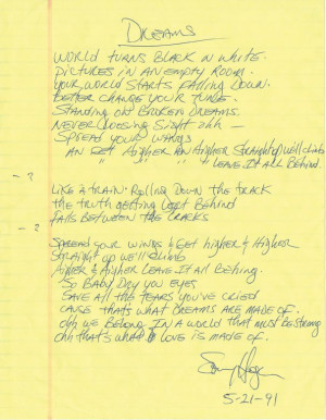 Sammy Hagar of Van Halen handwritten signed lyrics for “Dreams ...