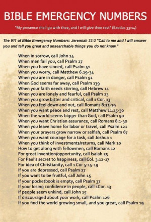 The Bible Emergency Numbers has some great Bible verses to check out!