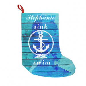 Ocean Blue Watercolor Wood and Anchor Quote Small Christmas Stocking