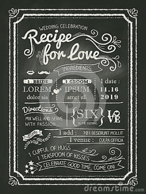 Recipe chalkboard Wedding Invitation card background.
