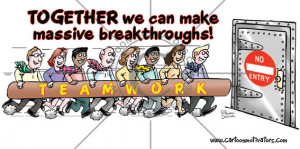 Teamwork cartoon. Team of people running towards heavy steel door with ...